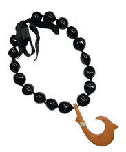 Load image into Gallery viewer, Black Kukui Nut Wooden Fish Hook Pendant Lei-Necklace