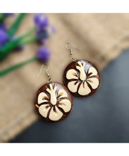 Load image into Gallery viewer, Hand Carved Hibiscus Coconut Earrings