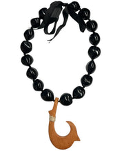 Load image into Gallery viewer, Black Kukui Nut Wooden Fish Hook Pendant Lei-Necklace